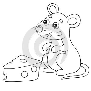 Coloring Page Outline of cartoon mouse with cheese. Animals. Coloring book for kids