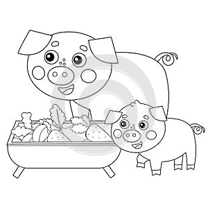 Coloring Page Outline of cartoon pig with piggy. Farm animals. Coloring book for kids