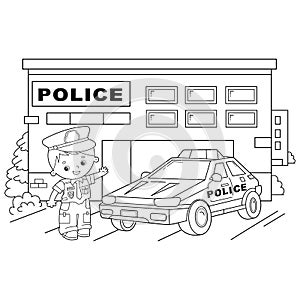 Coloring Page Outline Of cartoon policeman with car. Profession - police. Image transport or vehicle for children. Coloring book