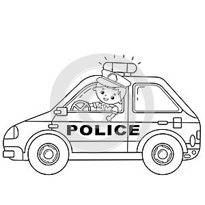 Coloring Page Outline Of cartoon policeman with car. Profession - police. Image transport or vehicle for children. Coloring book