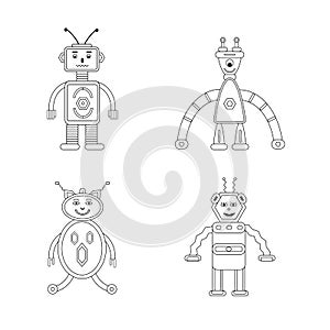 Coloring page outline of cartoon robots. Vector set for kids. Coloring book Outline Of cartoon robot for children. Made in Vector