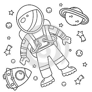 Coloring Page Outline Of a cartoon rocket with astronaut in space. Coloring book for kids