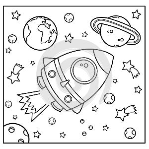 Coloring Page Outline Of a cartoon rocket in space. Coloring book for kids