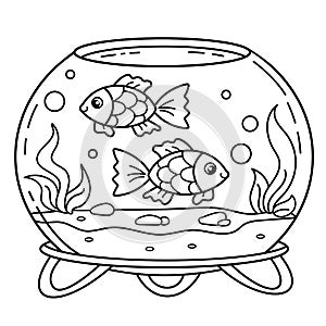 Coloring Page Outline Of cartoon round aquarium with small fish. Pet. Coloring book for kids