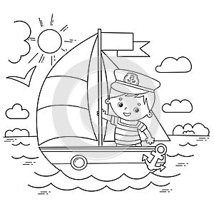 Coloring Page Outline of cartoon sail ship with sailor on the deck. Profession. Coloring book for kids