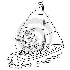 Coloring Page Outline of cartoon sail ship with sailor on the deck. Profession. Coloring book for kids