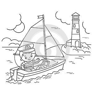 Coloring Page Outline of cartoon sail ship with sailor on the deck. Profession. Coloring book for kids