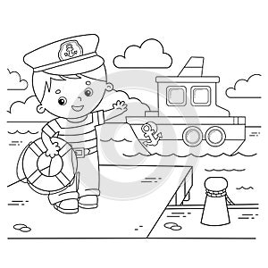 Coloring Page Outline of cartoon sailor on the dock next to the ship. Profession. Coloring book for kids