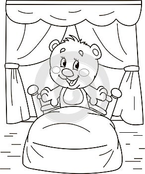 Coloring page outline of cartoon smiling cute bear in bed. Colorful vector illustration, summer coloring book for kids