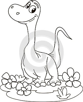 Coloring page outline of cartoon smiling diplodocus, dinosaur. Colorful vector illustration, summer coloring book for kids