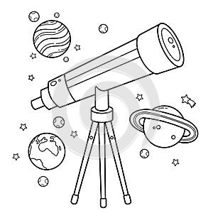 Coloring Page Outline Of a cartoon telescope with stars and planets. Space and astronomy. Coloring book for kids