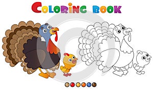 Coloring Page Outline of cartoon turkey with nestling. Farm animals. Coloring book for kids