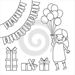 Coloring Page Outline Of children with a gifts at the holiday. Birthday. Coloring book for kids