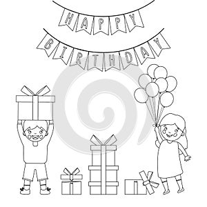 Coloring Page Outline Of children with a gifts at the holiday. Birthday. Coloring book for kids