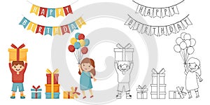 Coloring Page Outline Of children with a gifts at the holiday. Birthday. Coloring book for kids