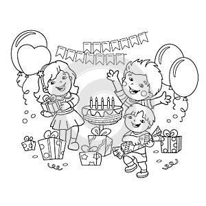 Coloring Page Outline Of children with a gifts at the holiday. Birthday. Coloring book for kids.