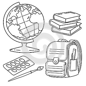 Coloring Page Outline of children satchel or knapsack with books or textbooks and with globe. School supplies. Coloring book for