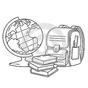 Coloring Page Outline of children satchel or knapsack with books or textbooks and with globe. School supplies. Coloring book for