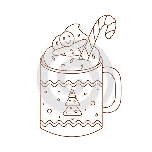 Coloring page outline of Christmas cup with candy cane and gingerbread man. Outlined hot chocolate cup.