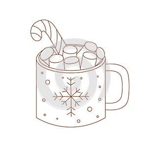 Coloring page outline of Christmas cup with candy cane and marshmallow. Outlined hot chocolate cup.