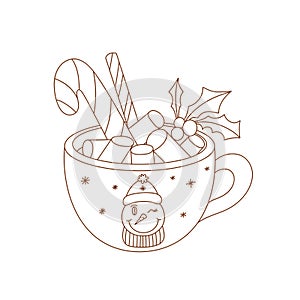 Coloring page outline of Christmas cup with candy cane and marshmallow. Outlined hot chocolate cup.