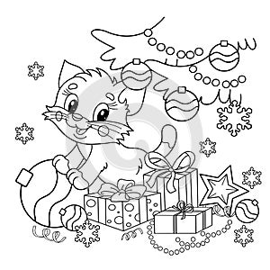 Coloring Page Outline Of Christmas tree with gifts and with little cat. Christmas. New year. Coloring book for kids