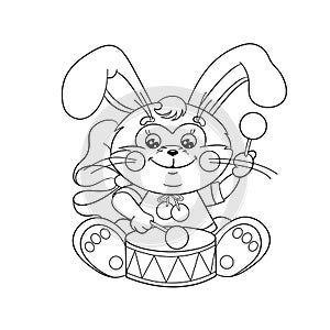 Coloring Page Outline Of a cute Bunny with a drum