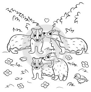 Coloring page outline of cute cartoon badger family with little brocks. Vector image with nature background. Coloring book of