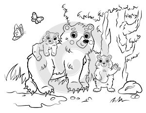 Coloring page outline of cute cartoon bear family. Vector image of bear mom with her cubs on forest background. Coloring book of