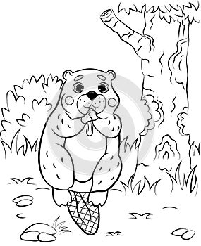 Coloring page outline of cute cartoon beaver gnaws a tree. Vector image with nature background. Coloring book of forest wild