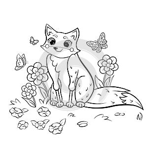Coloring page outline of cute cartoon fox and butterflies. Vector image with forest background. Coloring book of forest wild