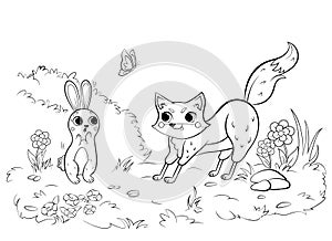 Coloring page outline of cute cartoon fox and hare. Vector image with forest background. Coloring book of forest wild animals for