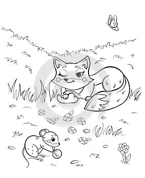 Coloring page outline of cute cartoon fox and mouse or vole. Vector image with forest background.