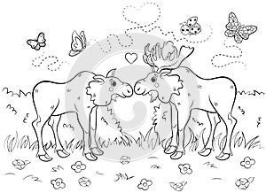Coloring page outline of cute cartoon moose couple in love. Vector image with forest background. Coloring book of forest wild