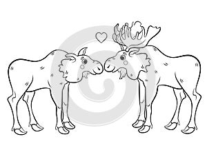 Coloring page outline of cute cartoon moose couple. Male and female mooses in love. Vector image isolated on white background. photo