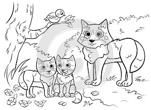 Coloring page outline of cute cartoon wolf family with little cubs. Vector image with forest background.