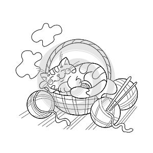 Coloring Page Outline Of a cute cat sleeping in a basket