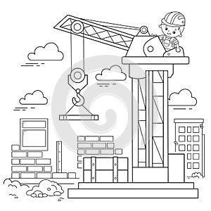 Coloring Page Outline Of elevating crane on build. Construction vehicles. Coloring book for kids
