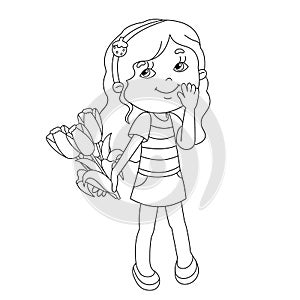 Coloring page outline of girl with bouquet of tulips