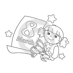 Coloring page outline of girl with flowers with calendar.