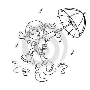Coloring Page Outline Of a girl jumping in the rain