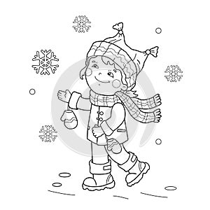 Coloring Page Outline Of girl rejoicing in the first snow photo