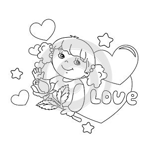 Coloring page outline of girl with rose in hand with hearts