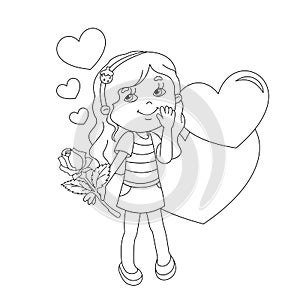 Coloring page outline of girl with rose and with hearts