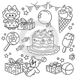 Coloring Page Outline Of holiday gifts with toys, with cake, candy and ice cream. Set for children Birthday.  Coloring book for