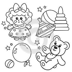 Coloring Page Outline Of little teddy bear, cute doll, ball, balloon and spinning top. Set of children toys.  Coloring book for