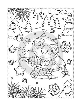 Coloring page with owl decorating christmas tree