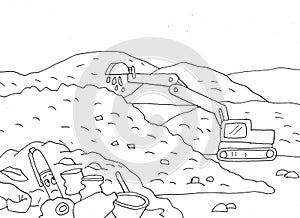 coloring page A pen is afraid to see an excavator stirring up rubbish