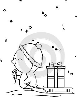 Coloring page, a penguin is pulling a sleigh