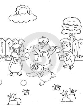 Coloring page pinguins  playing at backyard photo